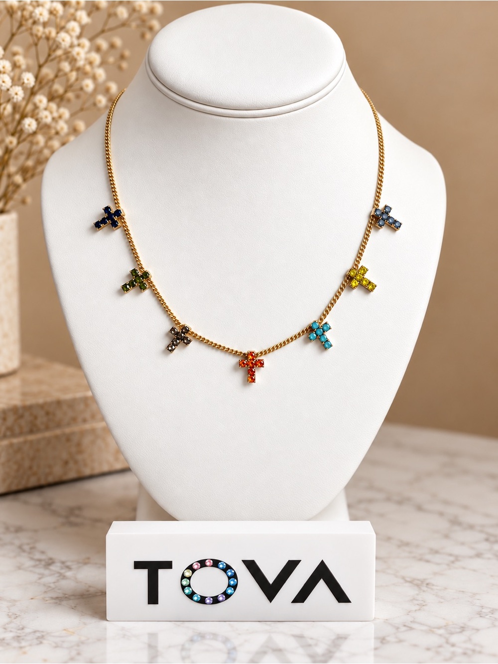 TOVA Multicolor Cross Charm Necklace - Gold Chain